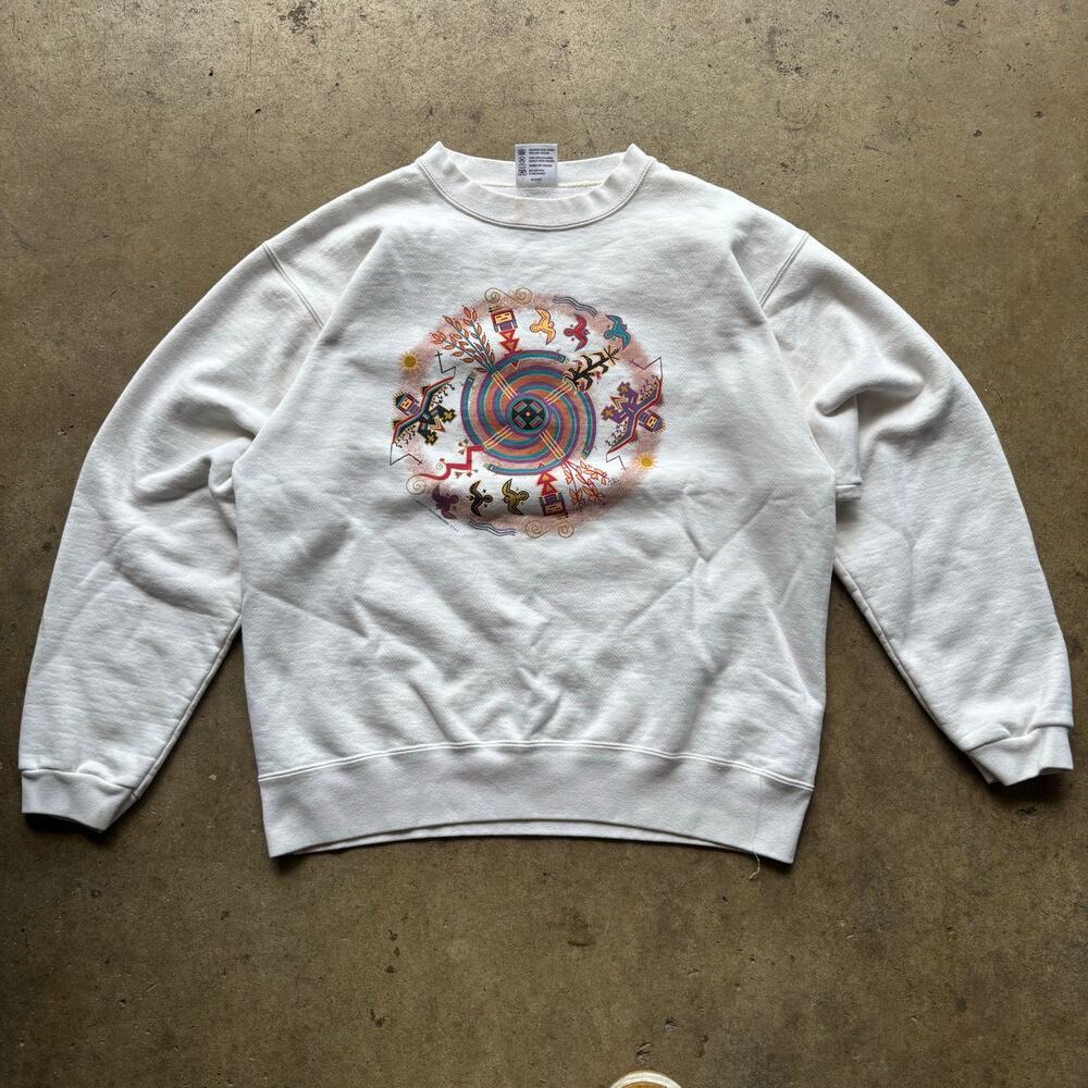 Vintage 90's Southwestern Navajo Circle of Life White Crewneck Sweatshirt Sz L